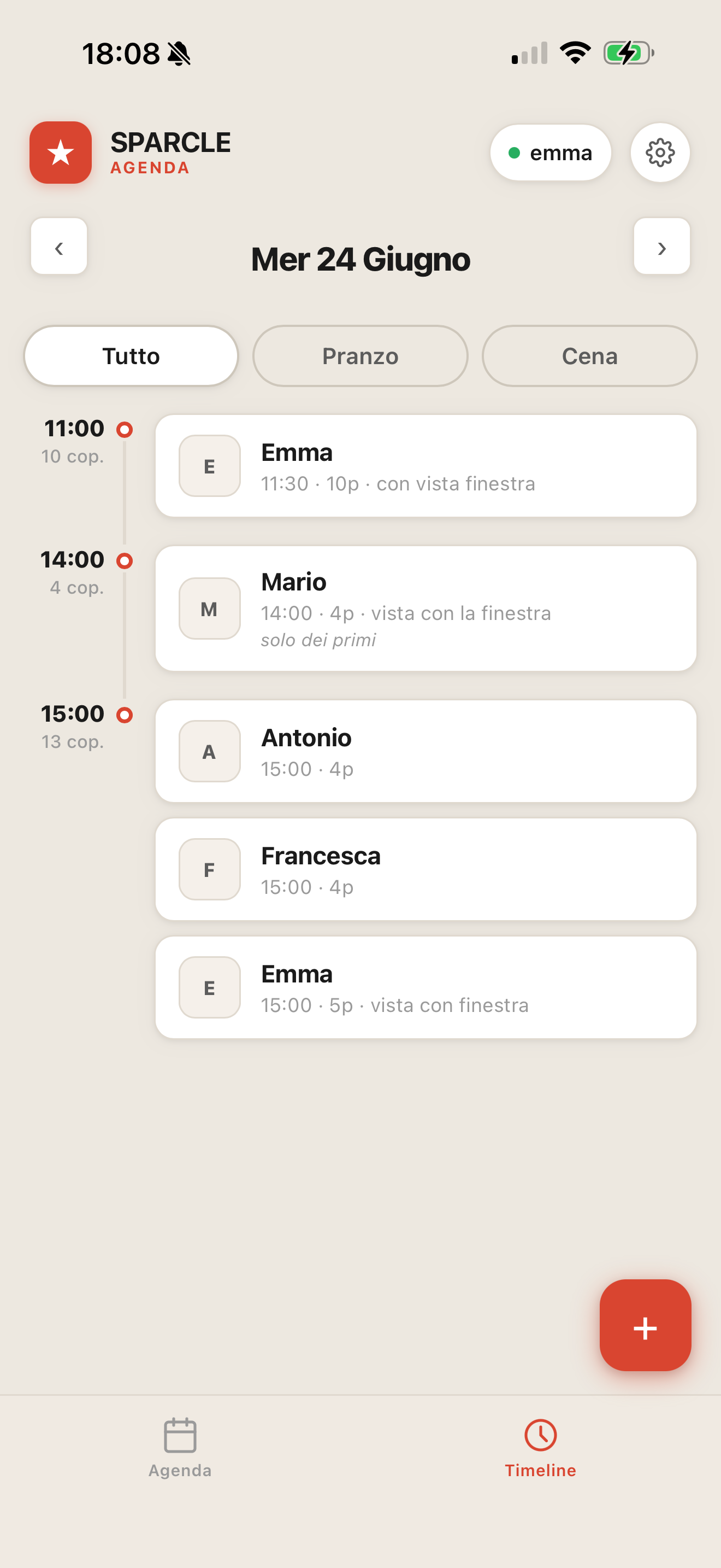 Vista timeline prenotazioni